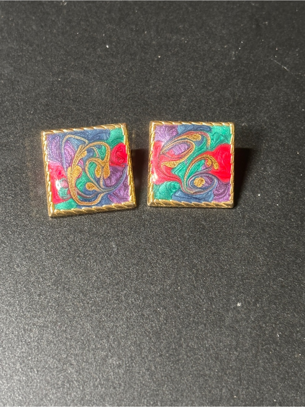 Vintage 80s Jewel Tone Enamel square Stud Earrings Multicolor